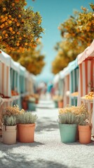 Leinwandbilder - Vibrant Outdoor Farmers Market Aisle with Potted Plants and Citrus Trees Emphasizing Sustainable Shopping and Community Connection