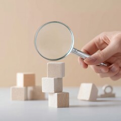 Poster - Business Innovation Concept with Hand Holding Magnifying Glass over Wooden Cubes and Key Icon on Desk for Strategic Decision Making