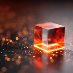 Aufkleber - Glowing Transparent Cube on Circuit Board with Digital Network Connections - Futuristic Technology and Innovation for IT Marketing and Advanced Systems
