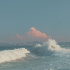 Aufkleber - Tsunami Alert with massive ocean wave threatening city skyline at sunset, realistic coastal disaster scene for emergency preparedness and news coverage