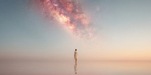 Aufkleber - Silhouette Woman Stargazing at Milky Way Galaxy with Vibrant Neon Backlighting for Wellness Branding and Spiritual Meditation Content