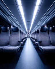 Poster - Modern Train Interior with Patterned Seats and Sleek Overhead Storage Highlighted by Dramatic Nighttime Lighting for Urban Transit Marketing