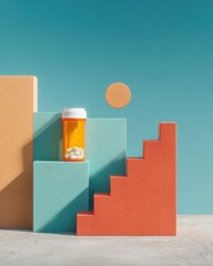 Poster - Minimalist healthcare concept with prescription bottle on colorful geometric blocks and ascending stair shape symbolizing pharmaceutical growth and progress