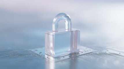 Poster - Misty Dawn Aesthetic Transparent Padlock on Circuit Board Symbolizing Ransomware Defense and Hardware-Level Encryption for Data Security Marketing