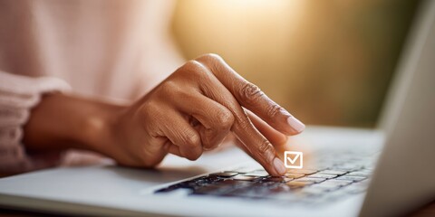 Poster - Digital Verification Concept with Hand Pressing Enter on Laptop Keyboard in Warm, Natural Light for Online Authentication and Security Services