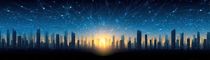 Poster - Scalable processor using next design concept. A stunning skyline at dusk with a starry night backdrop.