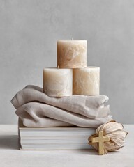 Poster - Minimalist Spiritual Tabletop Still Life with Marble Texture Candles, Stacked Book, Linen Cloth, and Decorative Brass Cross for Calm, Modern Interiors