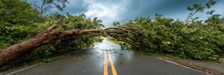 Poster - Contemporary Stark Lightning Blue and Orange Hurricane Damage Scene with Fallen Tree Blocking Road for Emergency and Insurance Industry Use