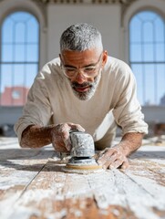 Poster - Heritage Revival Interior Detailing with Middle-Aged Male Craftsman Using Orbital Sander on Aged Wood Floor in Sunlit Loft Workspace