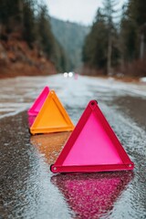 Aufkleber - Flood Warning Emergency Workers Setting Up Reflective Road Signs on Water-Covered Forest Road for Public Safety and Crisis Response Coordination