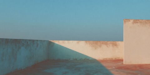 Aufkleber - Minimalist Grunge Rooftop Scene with Halftone Shadows and Faded Paper Texture Overlay in Golden Hour Light - Modern Urban Design Background