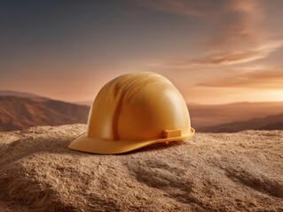 Poster - Safety Helmet on Rugged Rock at Golden Hour with Warm Natural Light Symbolizing Environmental Protection and Workplace Safety in Industrial Settings