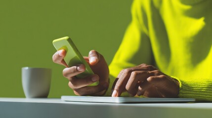 Aufkleber - Modern Cybersecurity Workspace with Businessman Using Smartphone and Laptop for Digital Privacy and Secure Workflow in Tech-Driven Office