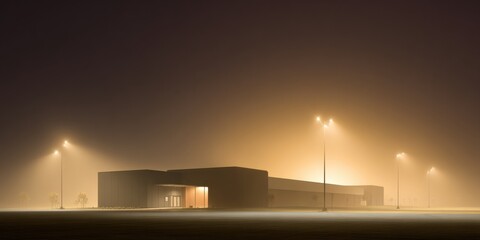 Poster - Modern Sports Hub with Training Facilities and Athletic Fields Highlighted by Dramatic Silhouettes and Luxurious Gold Lighting for Premium Performance Branding
