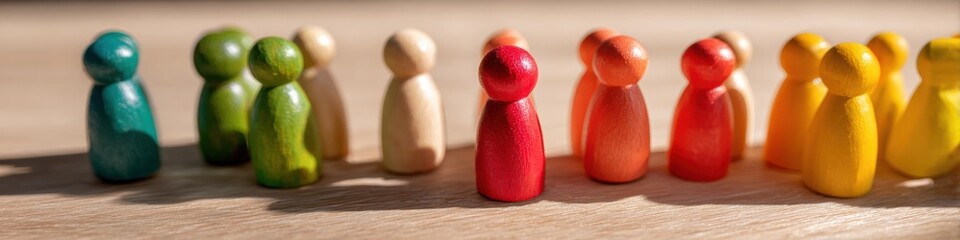 Poster - Colorful Wooden Figures Grouped on Plain Surface Representing Workforce Diversity and Social Structure for HR, Recruitment, and Digital Marketing Trends