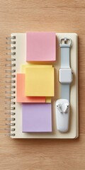 Poster - Overhead Business Meeting Flatlay with Colorful Sticky Notes, Smartwatch, Wireless Earbuds, and Notepad on Wood Table Featuring Modern Office Essentials