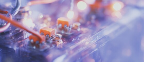 Poster - Close-up Electric Car Lithium Battery Pack with Orange Wiring and Metal Connectors Highlighting Sustainable Automotive Energy Innovation