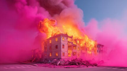 Poster - Urban wildfire destruction with residential building engulfed in flames and smoke, highlighting natural disaster resilience and emergency preparedness trends