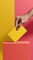 Poster - Modern Voter Participation Concept with Hand Inserting Yellow Ballot into Red Cardboard Box on Color Block Background for Civic Engagement and Social Awareness