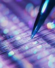 Aufkleber - Futuristic Vote Counting with Ballpoint Pen on Checklist Sheet Featuring Neon Blue and Violet LED Lighting for Administrative Quality Control