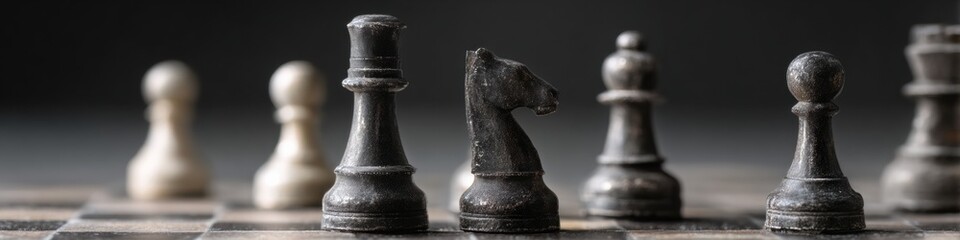 Poster - Elegant strategic reserve chess pieces on board showcasing tactical gameplay and calculated business planning for competitive advantage and decision-making