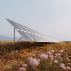 Aufkleber - Ethereal Soft Pastel Solar Panel Installation in Open Field with Gentle Natural Light for Renewable Energy Promotion and Clean Power Expansion