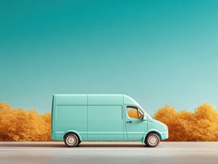 Poster - Modern Sky Blue Courier Delivery Van on Road with Autumn Foliage Backdrop - Reliable Logistics and Sustainable Transportation Trend