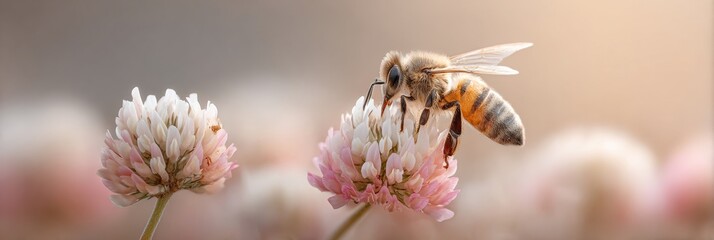 Poster - Close-up of honey bee collecting nectar on clover blossom in natural meadow, highlighting pollination and ecosystem balance for sustainability campaigns