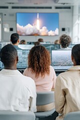 Aufkleber - Diverse Aerospace Team Monitoring Satellite Launch in Modern Control Room with Advanced Tech Highlighting Precision and Innovation in Space Missions
