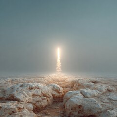 Aufkleber - Rocket Launch Over Rocky Terrain with Dramatic Smoke Trail in Foggy Atmosphere - Futuristic Space Exploration and Technological Advancement Concept