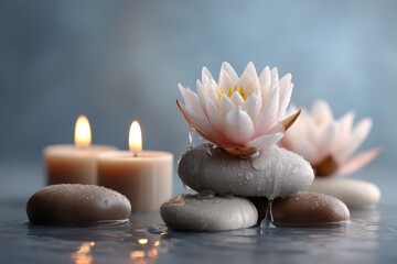 Aufkleber - Tranquil Sacred Lotus with Wet Stones and Lit Candles on Bamboo Mat for Mindfulness and Spa Wellness Relaxation Marketing