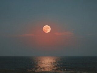 Poster - Tranquil Moonrise Over Ocean with Shimmering Reflection and Thin Clouds - Wellness and Nature Inspiration for Mindfulness and Calm Environments