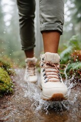Aufkleber - Close-up of hiking boot splashing on wet forest trail with moss and water droplets, highlighting outdoor gear and mindful nature walking for eco-conscious adventure