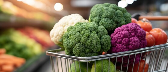 Aufkleber - Vibrant Grocery Shopping Cart Filled with Fresh Broccoli, Cauliflower, and Tomatoes in Modern Supermarket Produce Section - Healthy Lifestyle and Retail Convenience