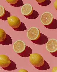 Poster - Vibrant Patterned Arrangement of Lemon Halves with Bold Shadows on Bright Pink Surface - Fresh and Playful Modern Lifestyle Concept for Commercial Use