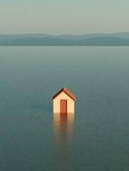 Poster - Minimalist solitary coastal cottage partially submerged in calm waters symbolizing climate change and rising sea levels for environmental awareness