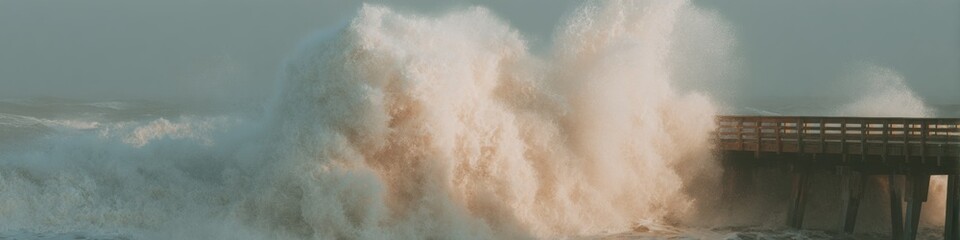 Aufkleber - Coastal Flood Waves Crashing Over Wooden Pier During Storm Surge Showing Infrastructure Vulnerability and Marine Hazard for Environmental Management