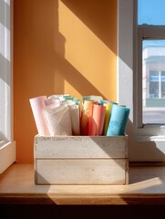 Poster - Eco-Friendly Wooden Bin with Colorful Rolled Papers in Sunlit Classroom Window Nook for Creative Daycare and Educational Activity Storage