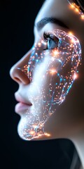 Poster - Side profile with glowing digital network pattern overlaid on face, featuring luminous orange and blue light trails against dark background for tech concept designs.
