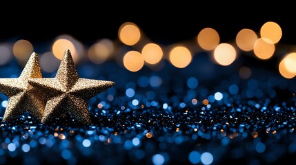Poster - Glittering gold star decorations on dark blue sparkly surface with warm bokeh lights in background creating festive holiday atmosphere.