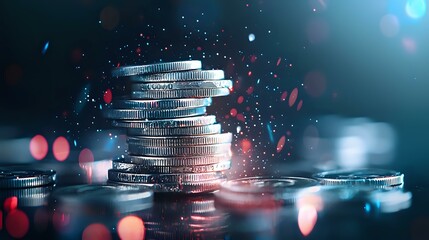 Poster - Stacked silver coins with glowing particles and bokeh lights on dark blue background, representing financial growth and investment success in business concept.