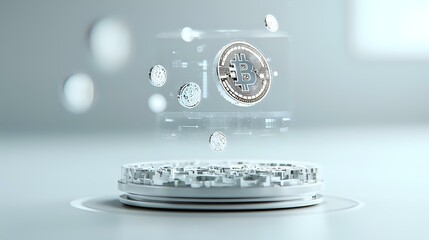 Poster - Futuristic cryptocurrency concept with floating silver bitcoin and digital elements on light background, modern financial technology visualization.