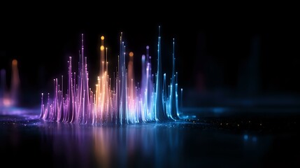 Poster - Glowing vertical light streams rise against dark background with vibrant purple, orange and blue colors creating magical reflection on water surface.