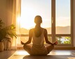 © CHOISH - 아침 햇살 아래 실내에서 명상하는 여성의 뒷모습 Woman Meditating Indoors in Morning Sunlight