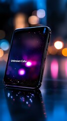 Poster - modern smartphone displaying unknown caller message on dark background with colorful bokeh lights an