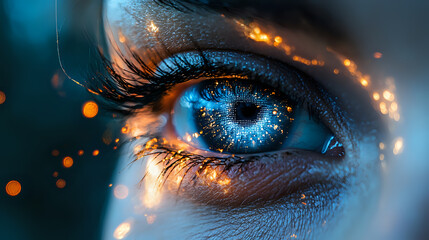 Poster - Macro shot of luminous blue eye with magical glowing sparkles and light effects around eyelashes, creating mystical and enchanting atmosphere.
