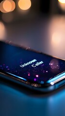 Poster - smartphone screen displaying unknown caller notification with bokeh lights and dark atmospheric back