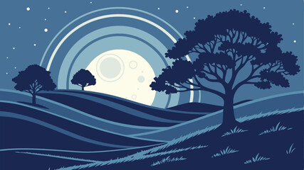 Serene Night Landscape with Moonlit Hills and Trees