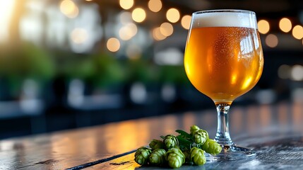 Poster - Glass of cold craft beer with fresh green hops on wooden bar counter against blurred bokeh lights background. Golden ale with foam head and bubbles.