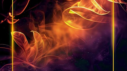 Poster - Glowing orange and golden leaves with magical light effects float against dark purple background with sparkling particles and smoke effects. Mystical nature concept.